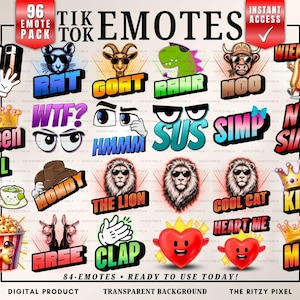 Könnte beinhalten: Eine Sammlung von 96 TikTok-Emotes mit verschiedenen Designs, darunter textbasierte Emotes wie "WTF?" und "SIMP" sowie charakterbasierte Emotes wie ein Löwe mit Sonnenbrille und ein Hotdog. Der Text "Instant Access" ist ebenfalls sichtbar.