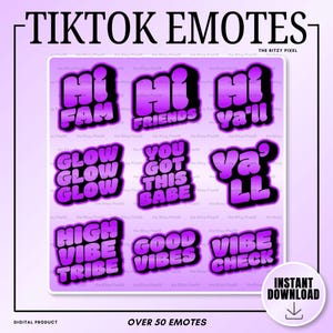 Puede incluir: Una colecci&oacute;n digital de nueve emoticonos de texto en degradado morado con contornos negros. El texto incluye Hi Fam, Hi Friends, Hi Ya'll, Glow Glow Glow, You Got This Babe, Ya'll, High Vibe Tribe, Good Vibes y Vibe Check. La imagen muestra TIKTOK EMOTES.