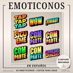 Pu&ograve; includere: Una grafica digitale con emoticon colorate che presentano frasi come "TAP," "WOW," e "GRACIAS." Il testo &egrave; in stile 3D con sfumature vivaci. Sono presenti anche le parole "EN ESPA&Ntilde;OL" e "43-EMOTICONOS."