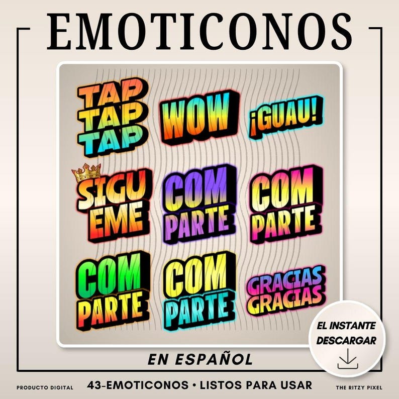 Pu&ograve; includere: Una grafica digitale con emoticon colorate che presentano frasi come "TAP," "WOW," e "GRACIAS." Il testo &egrave; in stile 3D con sfumature vivaci. Sono presenti anche le parole "EN ESPA&Ntilde;OL" e "43-EMOTICONOS."