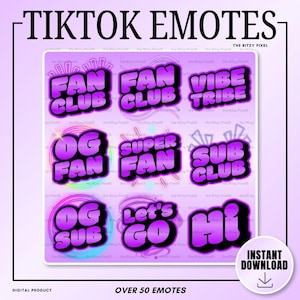 Puede incluir: Una colecci&oacute;n digital de emotes de TikTok con texto en degradado morado y contornos negros. El conjunto incluye frases como Fan Club, Vibe Tribe, OG Fan, Super Fan, Sub Club, OG Sub, Let's Go y Hi, sobre un fondo de color morado claro.