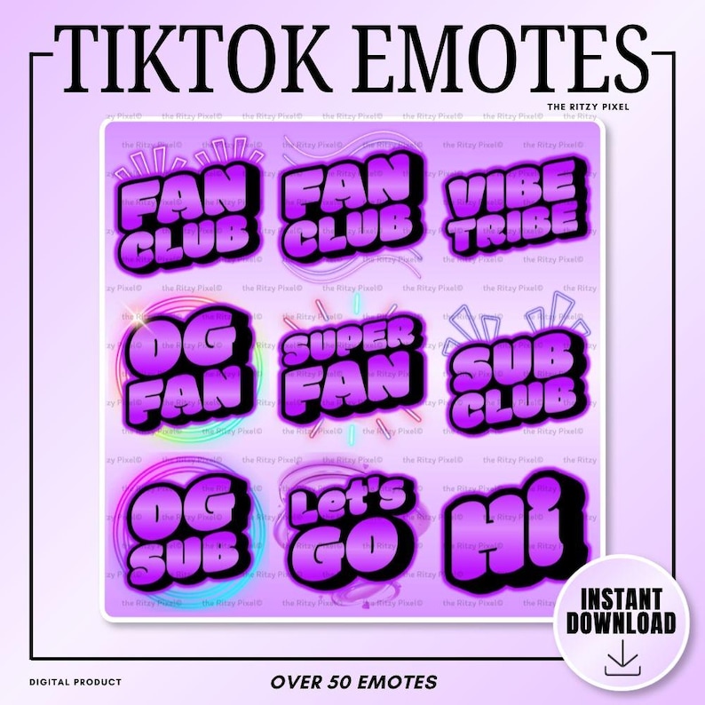 Puede incluir: Una colecci&oacute;n digital de emotes de TikTok con texto en degradado morado y contornos negros. El conjunto incluye frases como Fan Club, Vibe Tribe, OG Fan, Super Fan, Sub Club, OG Sub, Let's Go y Hi, sobre un fondo de color morado claro.