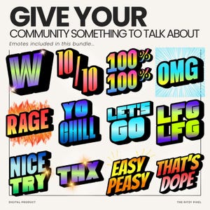 Puede incluir: Un paquete digital de doce emoticonos coloridos en estilo 3D con frases de texto que incluyen W, 10/10, 100%, OMG, RAGE, YO CHILL, LET'S GO, LFG, NICE TRY, THX, EASY PEASY y THAT'S DOPE, sobre un fondo claro con tipograf&iacute;a en negrita.
