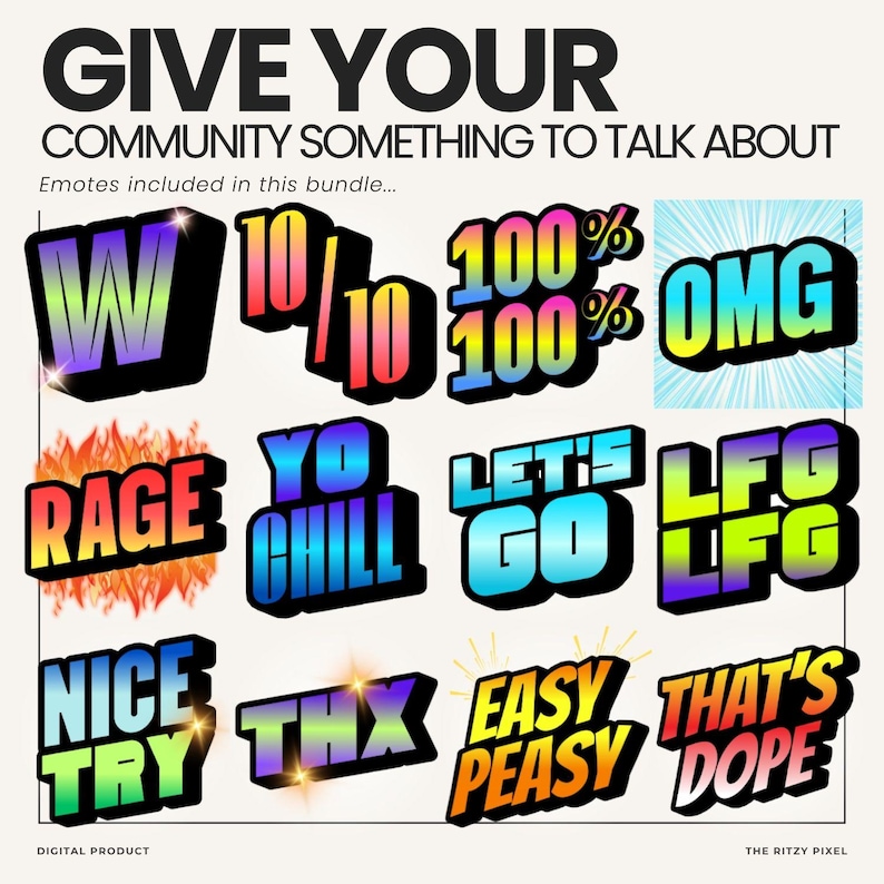 Puede incluir: Un paquete digital de doce emoticonos coloridos en estilo 3D con frases de texto que incluyen W, 10/10, 100%, OMG, RAGE, YO CHILL, LET'S GO, LFG, NICE TRY, THX, EASY PEASY y THAT'S DOPE, sobre un fondo claro con tipograf&iacute;a en negrita.