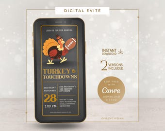 Convite digital editável para o Dia de Ação de Graças com tema de futebol americano, peru e touchdowns, disponível para download no Canva.
