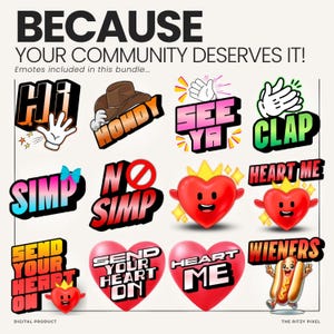 Puede incluir: Un paquete digital de doce emoticonos coloridos con texto y gr&aacute;ficos que incluyen Hi, Howdy con un sombrero de vaquero, See Ya, Clap, Simp, No Simp, Heart Me con una corona, Send Your Heart On y un personaje de hot dog llamado Wieners.
