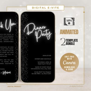 Digitale klassieke elegante zwarte glitter video-uitnodiging etentje, mobiele tekstbericht Evite, aanpasbare canvassjabloon voor elk evenement