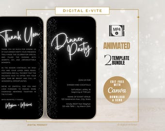 Convite em vídeo para jantar elegante com glitter preto, modelo personalizável do Canva para download digital.