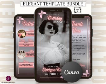 Convite digital elegante e sofisticado para aniversário com borboleta animada em tom rosé dourado (modelo em Canva)