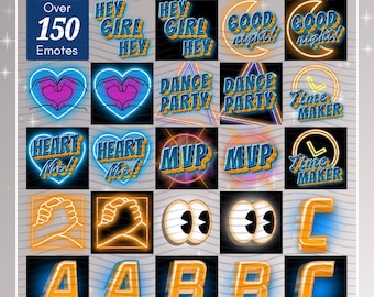 Pacote de emotes com alfabeto em azul neon e dourado para transmissões ao vivo no TikTok (download digital)