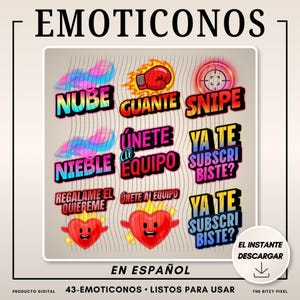 Pu&ograve; includere: Grafica digitale con varie emoticon colorate e testo in spagnolo. Le emoticon includono un guanto da boxe, un bersaglio e personaggi a forma di cuore. Il testo include "Nube", "Guante", "Snipe", "&Uacute;nete al Equipo" e "Ya te Subscribiste?"