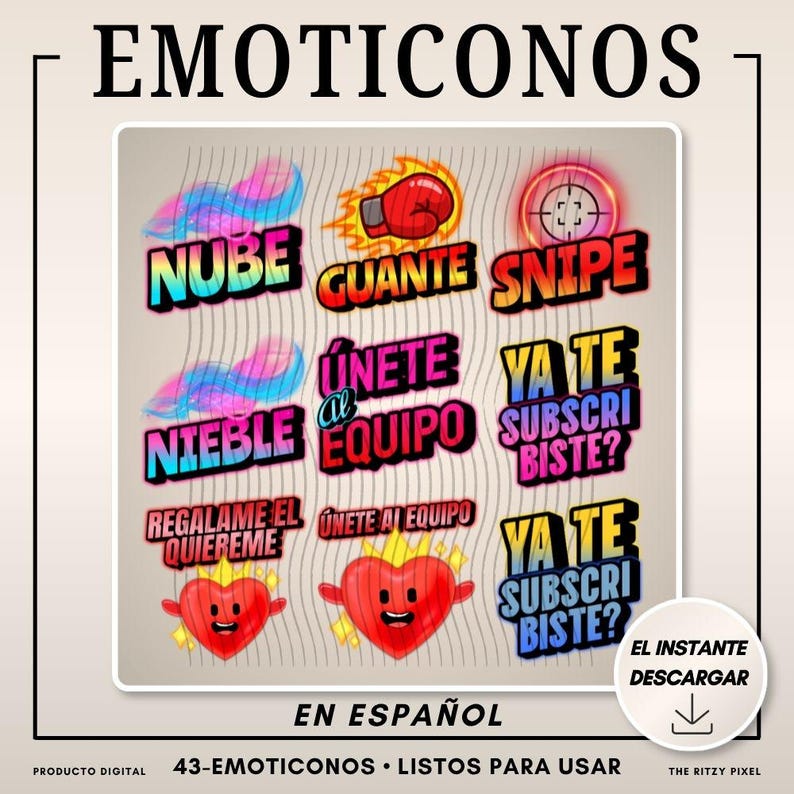 Pu&ograve; includere: Grafica digitale con varie emoticon colorate e testo in spagnolo. Le emoticon includono un guanto da boxe, un bersaglio e personaggi a forma di cuore. Il testo include "Nube", "Guante", "Snipe", "&Uacute;nete al Equipo" e "Ya te Subscribiste?"