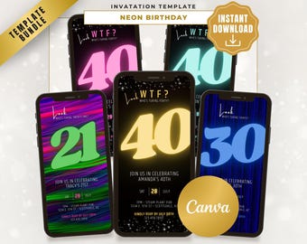 Convite de aniversário retrô neon - Modelo personalizável para Canva (digital)