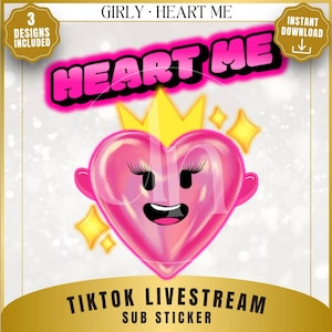 以下が含まれることがあります： ピンク色のハート型のステッカー。笑顔の顔、まつげ、黄色の王冠が描かれています。「HEART ME」の文字はピンク色のバブルレターです。ステッカーはTikTokライブストリーム用です。