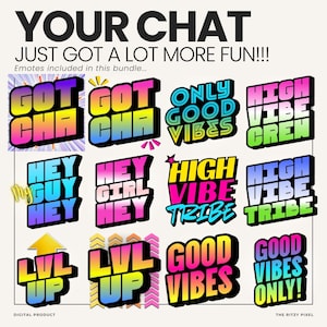 Puede incluir: Un paquete digital de doce emoticonos basados en texto colorido con frases como GOT CHA, ONLY GOOD VIBES, HIGH VIBE CREW, HEY GUY HEY, HEY GIRL HEY, HIGH VIBE TRIBE, LVL UP y GOOD VIBES ONLY, presentados en tipograf&iacute;a negrita, degradada y en bloque.