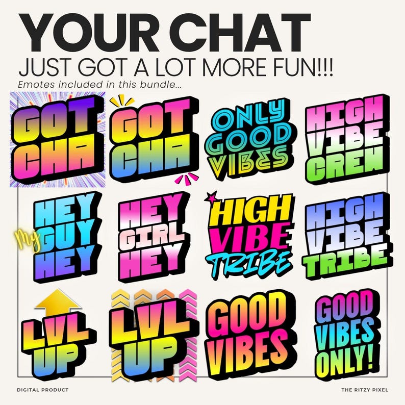 Puede incluir: Un paquete digital de doce emoticonos basados en texto colorido con frases como GOT CHA, ONLY GOOD VIBES, HIGH VIBE CREW, HEY GUY HEY, HEY GIRL HEY, HIGH VIBE TRIBE, LVL UP y GOOD VIBES ONLY, presentados en tipograf&iacute;a negrita, degradada y en bloque.
