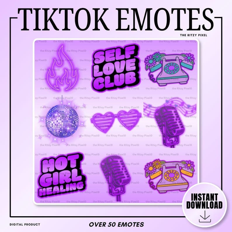 Puede incluir: Una colecci&oacute;n digital de emotes de TikTok en tonos morados que incluye una llama, el texto SELF LOVE CLUB, un tel&eacute;fono de disco, una bola de discoteca, gafas en forma de coraz&oacute;n, un micr&oacute;fono, el texto HOT GIRL HEALING y notas musicales.
