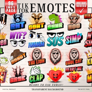 Pode incluir: Um produto digital com 96 emotes do TikTok, com vários designs e textos, como "Hi", "Queen", "Sus" e "Heart Me". Os emotes têm um fundo transparente e estão prontos para uso.