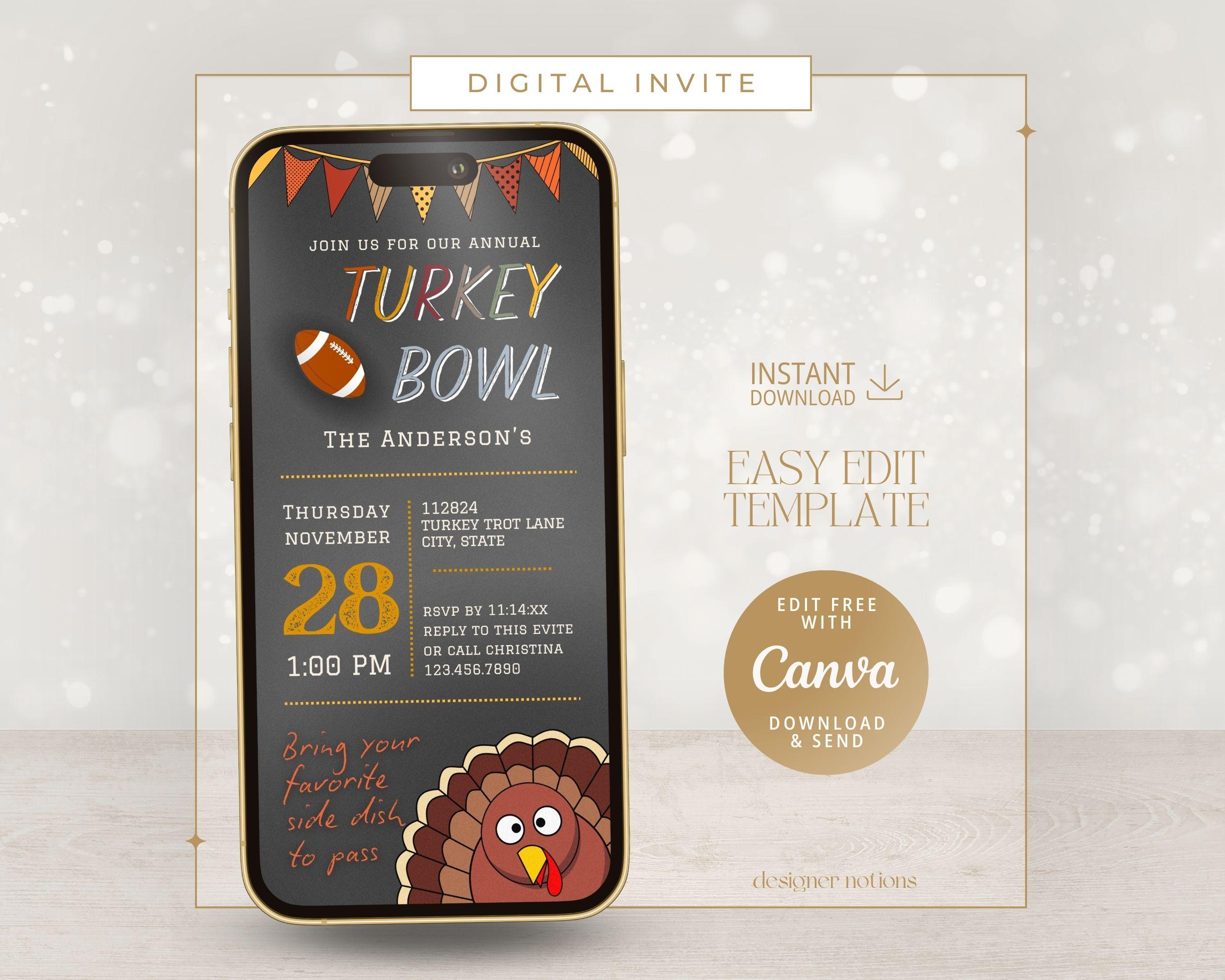 turkey bowl invitation: thanksgiving football party evite (canva