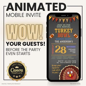 Puede incluir: Un teléfono inteligente muestra una invitación digital para una fiesta de Turkey Bowl con fondo oscuro, gráficos de fútbol americano y un pavo animado. El texto incluye Join Us For Our Annual Turkey Bowl, The Anderson's, 28 November y detalles de RSVP.