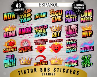 Emotes do TikTok em espanhol, adesivos neon para transmissões ao vivo, download digital.