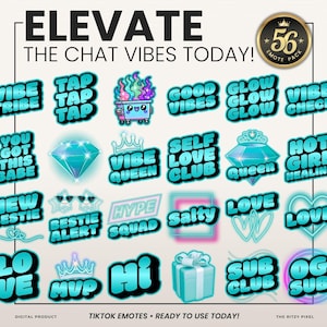 Puede incluir: Una colección digital de 56 emoticonos de estilo neón con texto e iconos en tonos cian y azul. El conjunto incluye frases como Vibe Tribe, Tap Tap Tap, Good Vibes, Vibe Check, You Got This Babe, Self Love Club, Queen, Hot Girl Healing, New Bestie, Bestie Alert, Hype Squad, Salty, Love, MVP, Hi, Sub Club y OG Sub.
