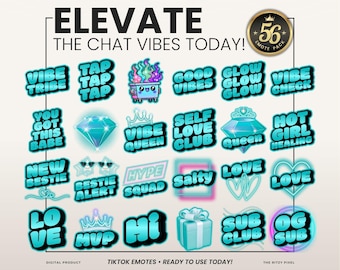 Puede incluir: Una colección digital de 56 emoticonos de estilo neón con texto e iconos en tonos cian y azul. El conjunto incluye frases como Vibe Tribe, Tap Tap Tap, Good Vibes, Vibe Check, You Got This Babe, Self Love Club, Queen, Hot Girl Healing, New Bestie, Bestie Alert, Hype Squad, Salty, Love, MVP, Hi, Sub Club y OG Sub.