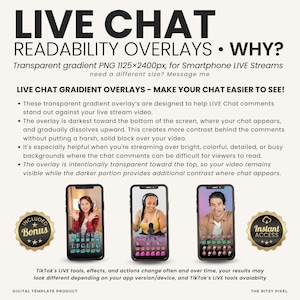 Puede incluir: Un producto de plantilla digital para superposiciones de legibilidad de chat en vivo, con el texto: LIVE CHAT READABILITY OVERLAYS &bull; WHY? PNG de degradado transparente 1125x2400px, para transmisiones en vivo. Incluye tres maquetas de tel&eacute;fonos.