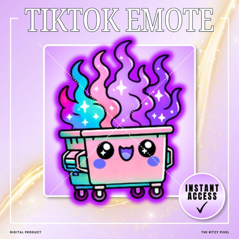 Puede incluir: Un gr&aacute;fico digital etiquetado como TIKTOK EMOTE que muestra un contenedor de basura rosa con una cara sonriente y ojos grandes, emitiendo llamas vibrantes en azul, rosa y morado con estrellas blancas. Una insignia circular dice INSTANT ACCESS.