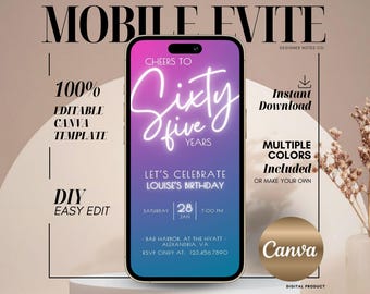 Convite digital para festa de aniversário de 60 anos com fonte neon, modelo editável no Canva (Download digital)