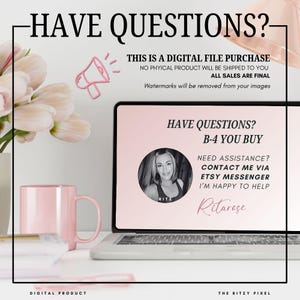 Puede incluir: Un gr&aacute;fico de informaci&oacute;n de producto digital que muestra una pantalla de port&aacute;til con el texto HAVE QUESTIONS? B-4 YOU BUY, NEED ASSISTANCE? CONTACT ME VIA ETSY MESSENGER y un retrato circular de una persona etiquetado como RITZ y Ritarose.