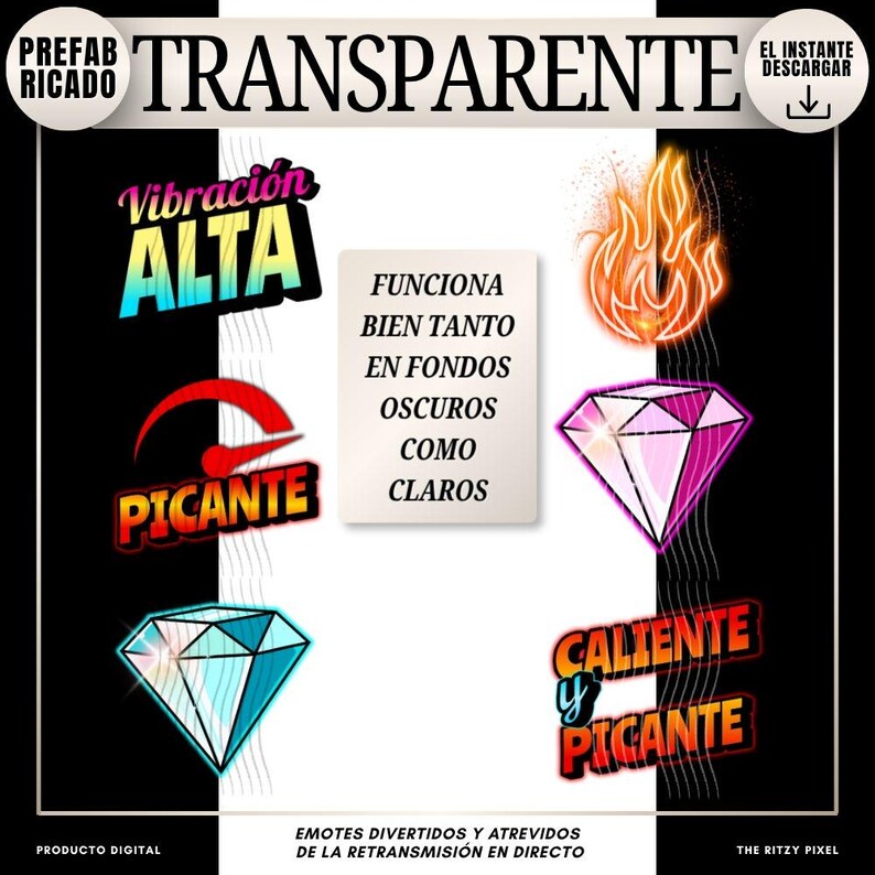 Pu&ograve; includere: Grafica di prodotto digitale con la parola "TRANSPARENTE" in alto. L'immagine presenta varie emote colorate, tra cui una fiamma, un diamante e il testo che dice "Vibraci&oacute;n ALTA" e "PICANTE". &Egrave; presente anche il testo "FUNCIONA BIEN TANTO EN FONDOS OSCUROS COMO CLAROS".