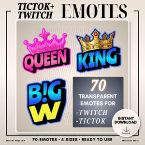 Puede incluir: Gráfico de producto digital con emotes de Twitch y TikTok. El diseño incluye las palabras "QUEEN", "KING" y "BIG W" con gráficos de corona. La imagen también indica "70 Emotes Transparentes" y "Descarga Instantánea".