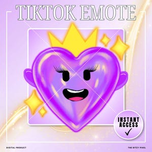 Puede incluir: Un gr&aacute;fico digital de un personaje de coraz&oacute;n morado brillante con una corona amarilla, pesta&ntilde;as largas y una boca sonriente. El texto TIKTOK EMOTE aparece en la parte superior y una insignia circular en la esquina dice INSTANT ACCESS con un visto.