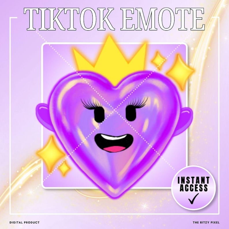 Puede incluir: Un gr&aacute;fico digital de un personaje de coraz&oacute;n morado brillante con una corona amarilla, pesta&ntilde;as largas y una boca sonriente. El texto TIKTOK EMOTE aparece en la parte superior y una insignia circular en la esquina dice INSTANT ACCESS con un visto.