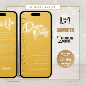 Digitale dinerverjaardagsuitnodiging, neon gouden glitterontwerp, animatiekaart, tekstbericht Evite, aanpasbare canvassjabloon voor elk evenement