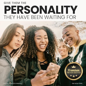 Puede incluir: Un grupo de cuatro j&oacute;venes adultos riendo mientras miran un tel&eacute;fono inteligente. El texto en la parte superior dice GIVE THEM THE PERSONALITY THEY HAVE BEEN WAITING FOR. Una insignia circular dorada en la esquina dice Premium TIKTOK EMOTES con tres estrellas.