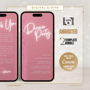 Digitale dinerverjaardagsuitnodiging, neonroos glitterontwerp, animatiekaart, tekstbericht Evite, aanpasbare canvassjabloon voor elk evenement