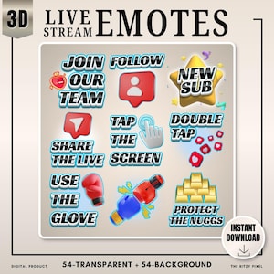 May include: A collection of 3D live stream emotes with various icons and text. Emotes include a heart, follow icon, a star with "NEW SUB", a downward arrow, a hand tapping a screen, and boxing gloves. The words "JOIN OUR TEAM" are also visible.