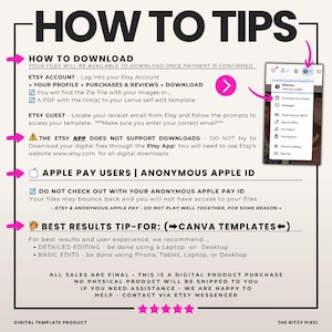 Puede incluir: Un gr&aacute;fico instructivo titulado HOW TO TIPS con texto negro sobre fondo claro. Describe los pasos para descargar archivos digitales de Etsy, incluyendo la navegaci&oacute;n de la cuenta, advertencias sobre la aplicaci&oacute;n y consejos de edici&oacute;n.