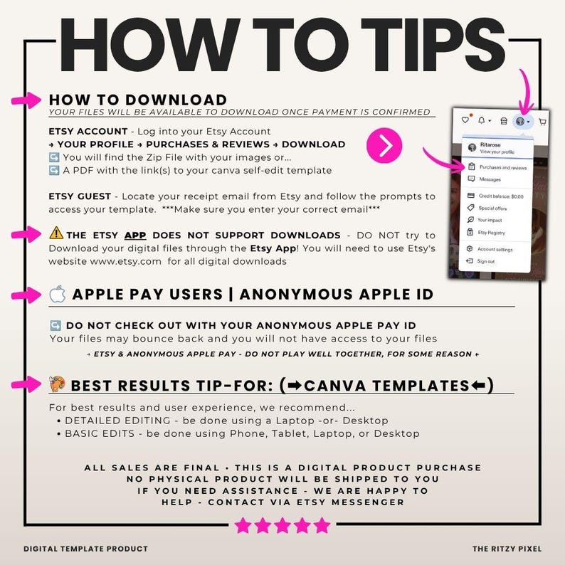 Puede incluir: Un gr&aacute;fico instructivo titulado HOW TO TIPS con texto negro sobre fondo claro. Describe los pasos para descargar archivos digitales de Etsy, incluyendo la navegaci&oacute;n de la cuenta, advertencias sobre la aplicaci&oacute;n y consejos de edici&oacute;n.