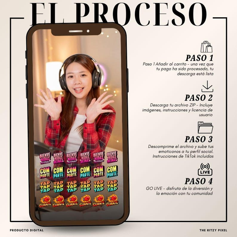Pu&ograve; includere: Uno schermo di smartphone mostra una donna con le cuffie, che gesticola con le mani. Lo schermo mostra testo in spagnolo, tra cui "El Proceso" e i passaggi per un prodotto digitale. L'immagine include il testo "Producto Digital".