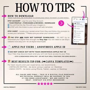 Pu&ograve; includere: Una guida per il download digitale intitolata "HOW TO TIPS" con istruzioni per scaricare file da Etsy. La guida include i passaggi per gli account Etsy, gli ospiti e gli utenti di Apple Pay, con uno screenshot del menu del profilo Etsy.