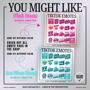 Puede incluir: Un producto digital que muestra dos conjuntos de emotes de TikTok en ne&oacute;n rosa y ne&oacute;n azul hielo. Cada conjunto incluye m&aacute;s de 50 iconos gr&aacute;ficos con texto como Tap Tap, Share, Super Fan, High Vibe Tribe, Heart Me, Summer Vibes y Bestie Alert.