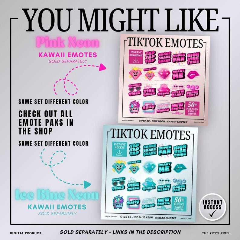 Puede incluir: Un producto digital que muestra dos conjuntos de emotes de TikTok en ne&oacute;n rosa y ne&oacute;n azul hielo. Cada conjunto incluye m&aacute;s de 50 iconos gr&aacute;ficos con texto como Tap Tap, Share, Super Fan, High Vibe Tribe, Heart Me, Summer Vibes y Bestie Alert.