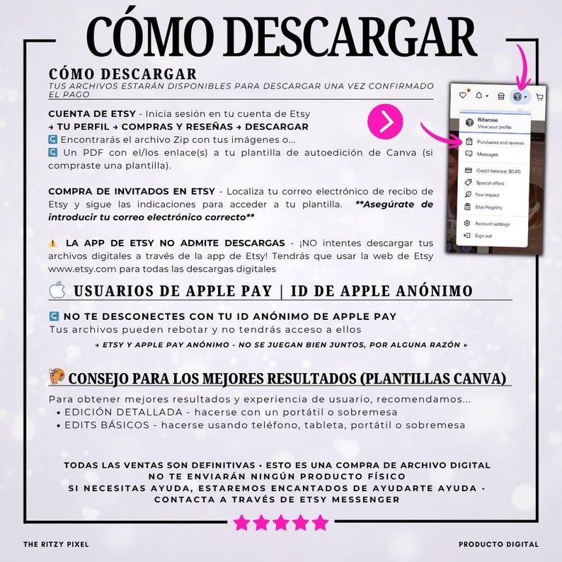 Pu&ograve; includere: Infografica bianca e viola in spagnolo, intitolata "C&oacute;mo Descargar". Il testo fornisce istruzioni su come scaricare file digitali da Etsy, inclusi i passaggi per gli account Etsy, gli utenti di Apple Pay e i modelli Canva. &Egrave; incluso uno screenshot di un profilo Etsy.