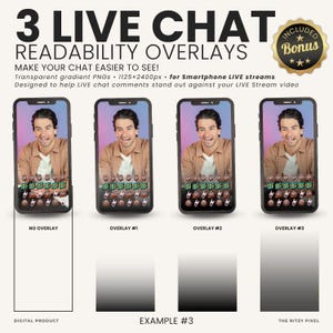 Puede incluir: Un producto digital que muestra 3 superposiciones de legibilidad para chat en vivo en smartphones. La imagen presenta cuatro pantallas de smartphone con una persona, tres con diferentes superposiciones de degradado y una sin ellas.