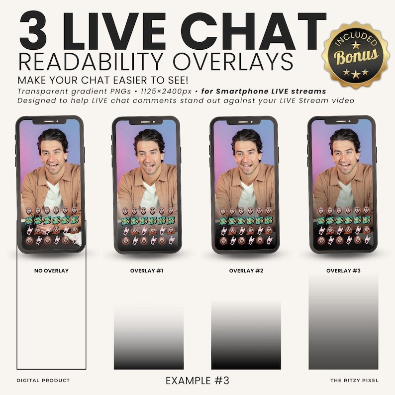 Puede incluir: Un producto digital que muestra 3 superposiciones de legibilidad para chat en vivo en smartphones. La imagen presenta cuatro pantallas de smartphone con una persona, tres con diferentes superposiciones de degradado y una sin ellas.