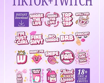 Pacote de emotes Pink Sassy para Twitch e TikTok, Delulu Juice, Spill Tea, BRB (Download Digital)