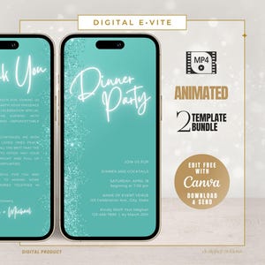 Digitale dinerverjaardagsuitnodiging, neonblauw glitterontwerp, animatiekaart, tekstbericht Evite, aanpasbare canvassjabloon voor elk evenement